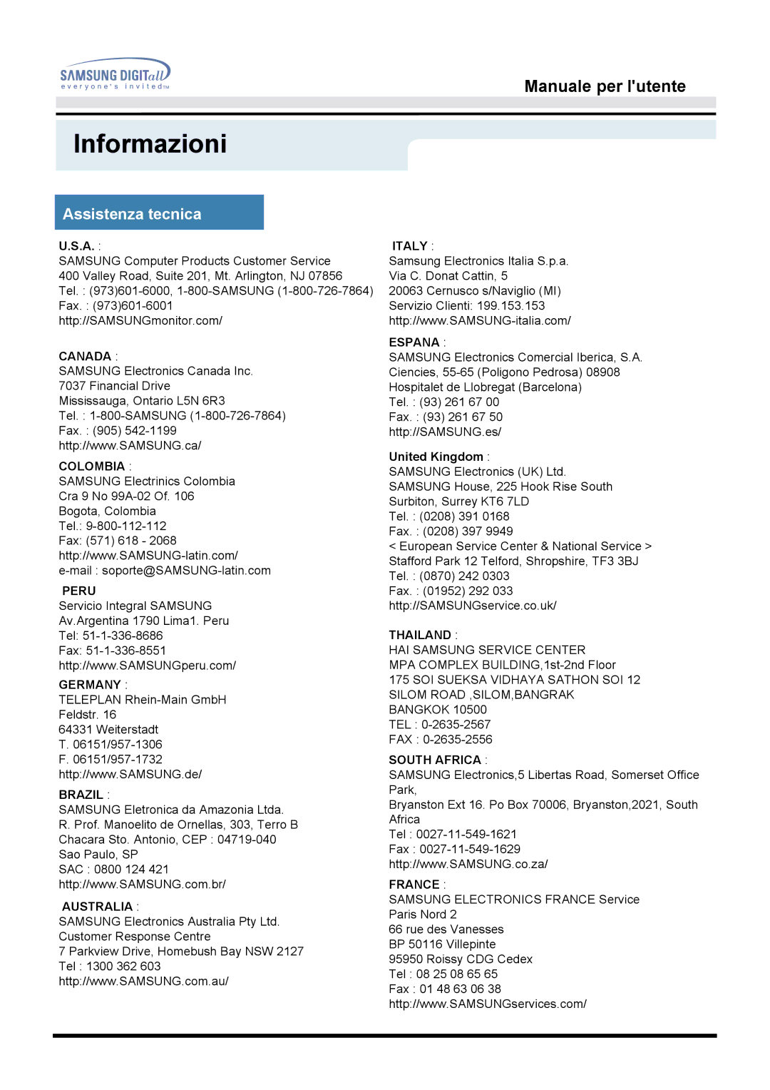 Samsung GH15MSAS/EDC, GG15MSAN/EDC, GG15MSAS/EDC, GH15MSAN/EDC, GH15MSSN/EDC manual Informazioni, Assistenza tecnica 