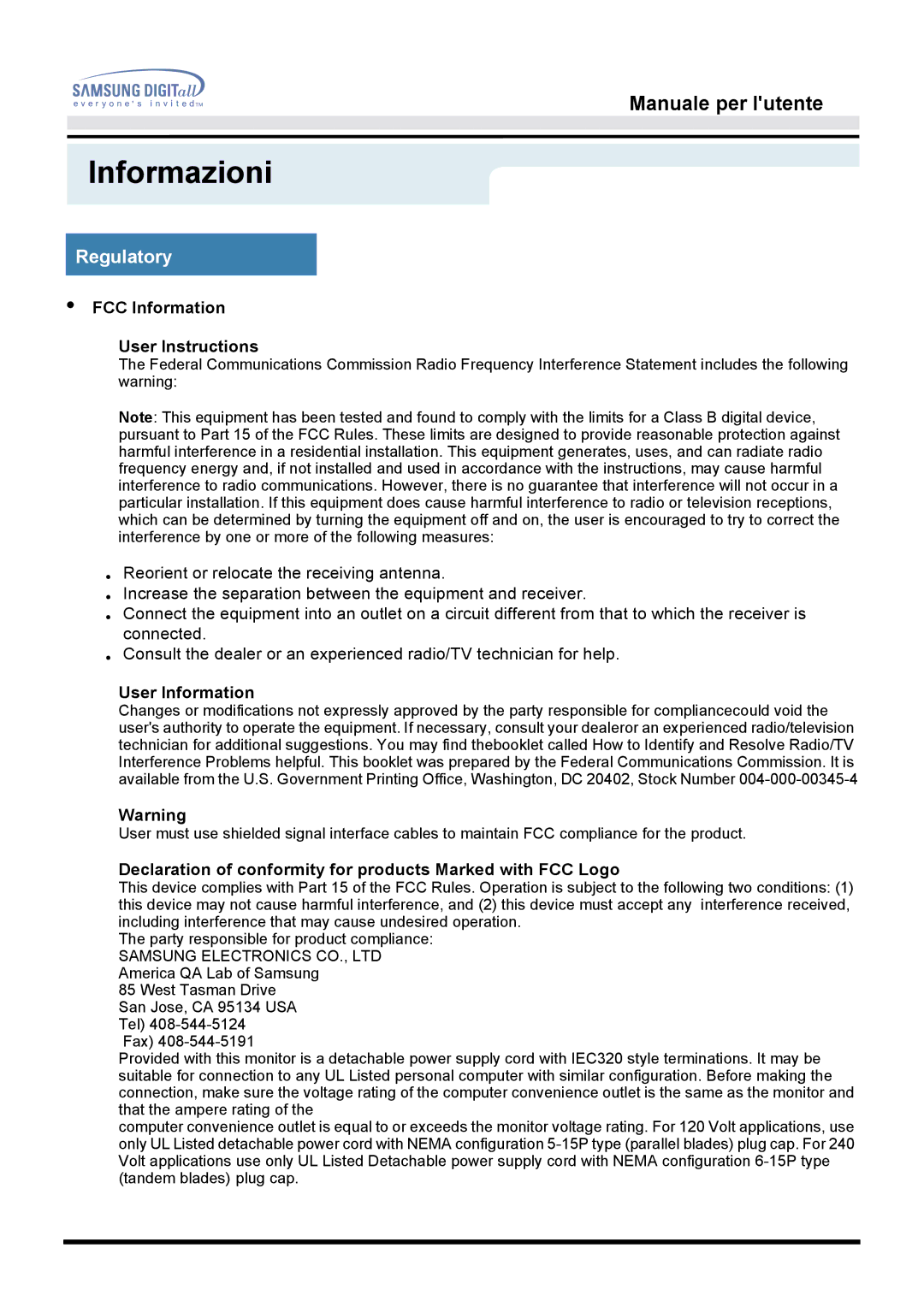Samsung GH15MSAN/EDC, GH15MSAS/EDC, GG15MSAN/EDC manual Regulatory, FCC Information User Instructions, User Information 