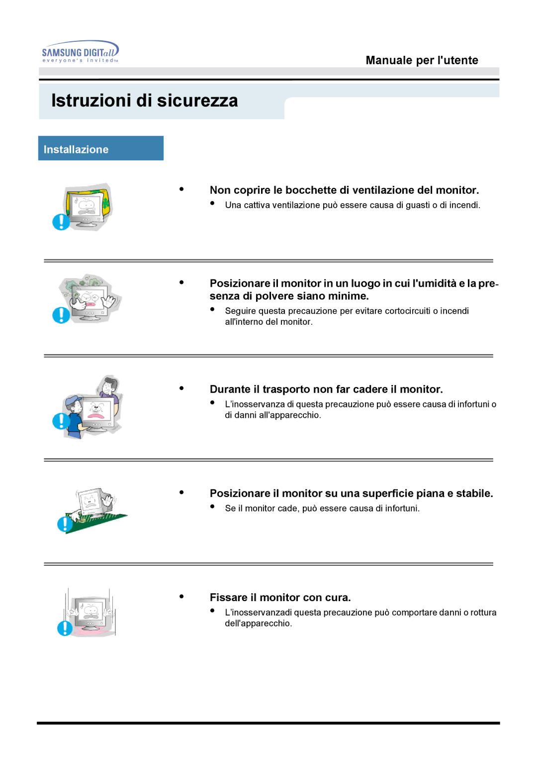 Samsung GG15MSAN/EDC Installazione, Non coprire le bocchette di ventilazione del monitor, Fissare il monitor con cura 