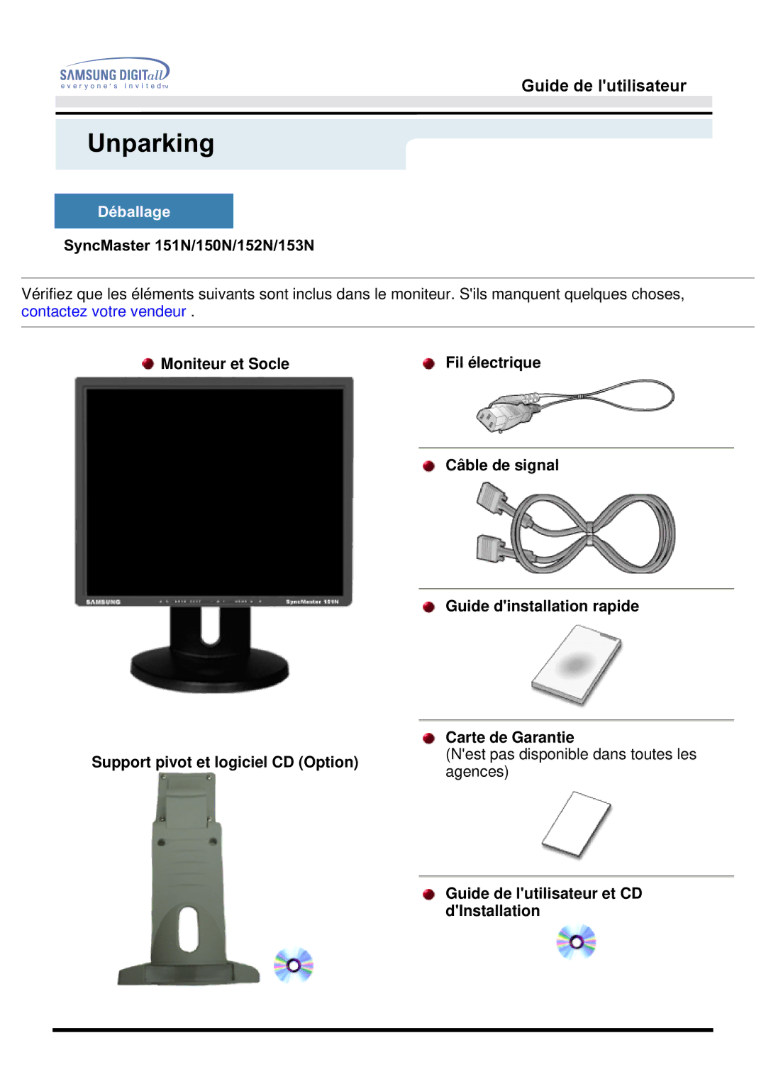 Samsung GG15MSAN, GH15LSAS Unparking, Déballage, SyncMaster 151N/150N/152N/153N, Guide de lutilisateur et CD dInstallation 