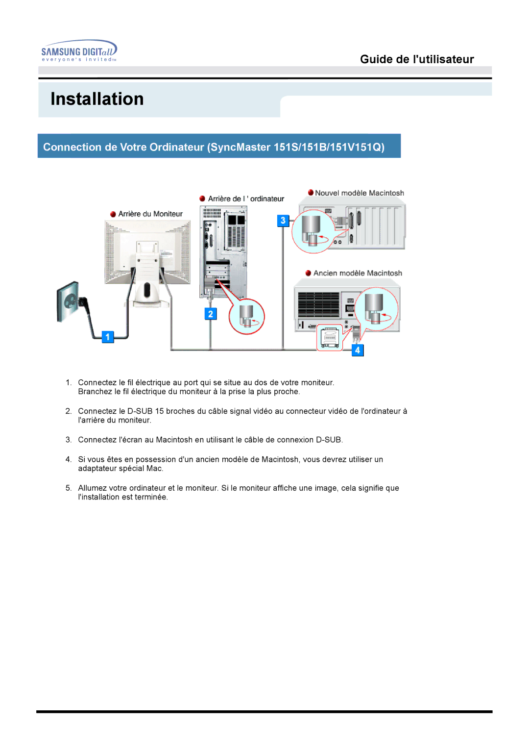 Samsung GG15ASAS, GH15MSSS/EDC, GH15LSSN/EDC Installation, Connection de Votre Ordinateur SyncMaster 151S/151B/151V151Q 