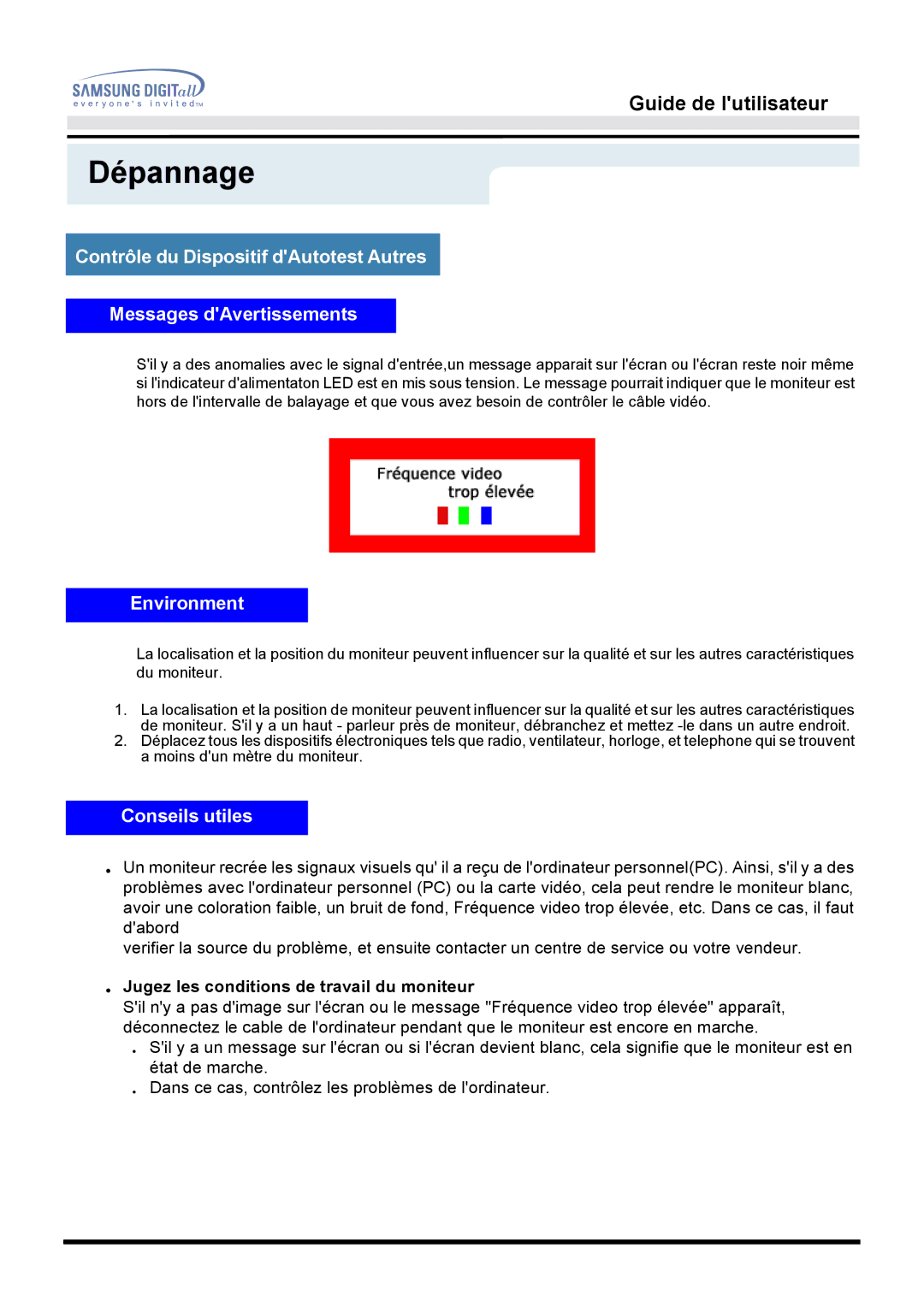 Samsung GH15MSSN/EDC, GH15MSSS/EDC, GH15LSSN/EDC Environment, Conseils utiles, Jugez les conditions de travail du moniteur 