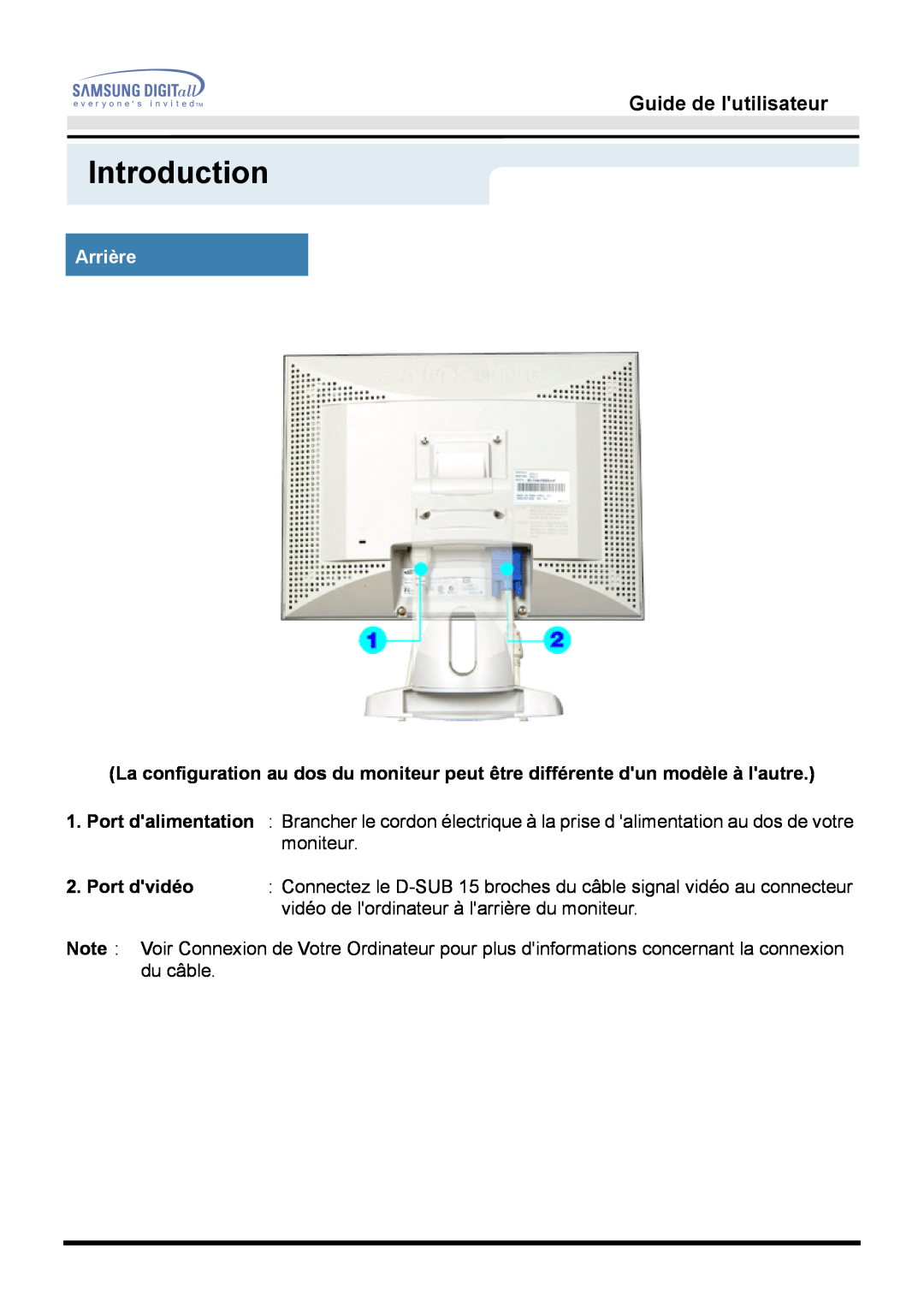 Samsung GG15MSSB/EDC, GH15MSSS/EDC, GH15MSSB/EDC, GG15MSAB/EDC Arrière, Introduction, Guide de lutilisateur, Port dvidéo 