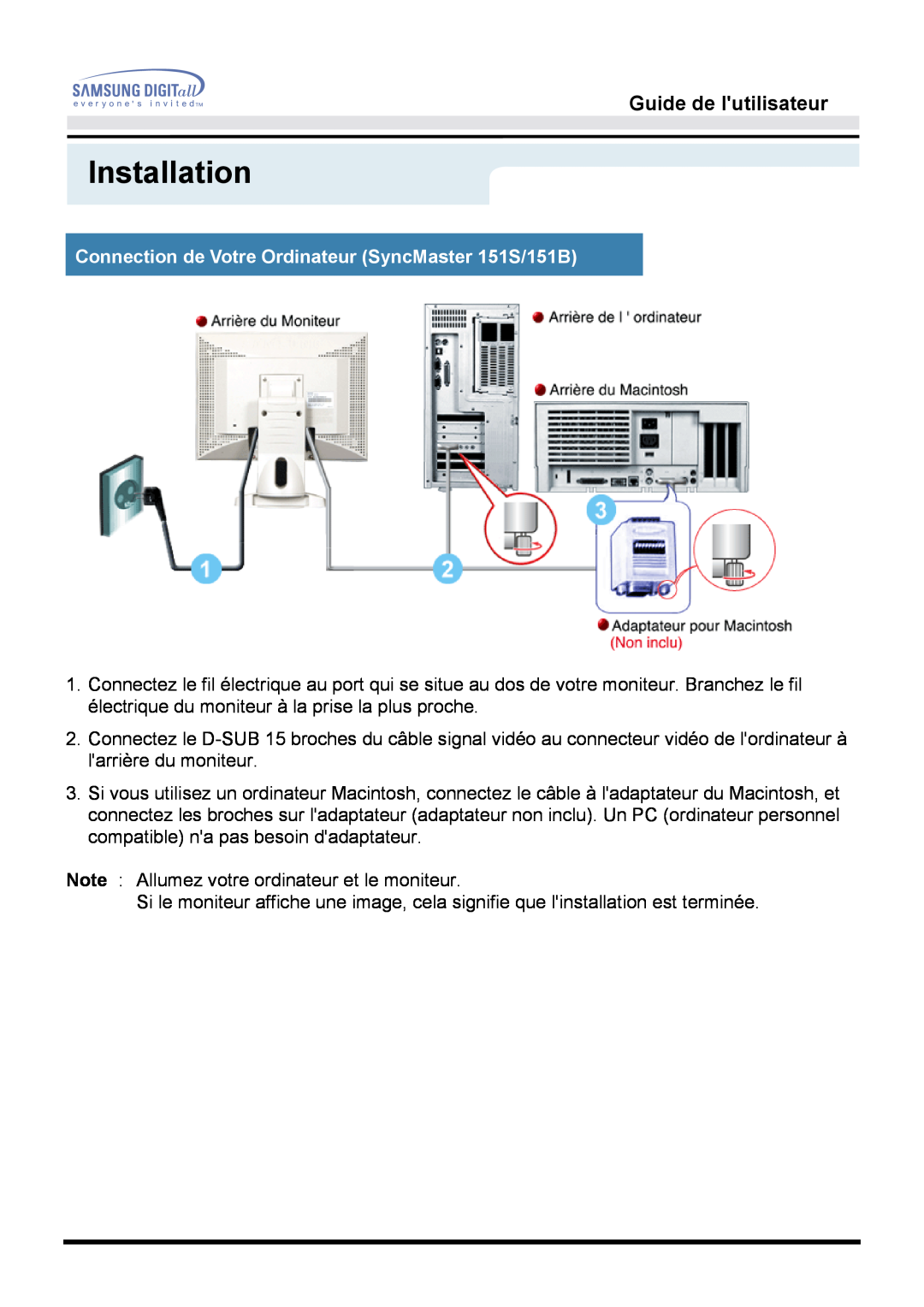 Samsung GG15MSAB/EDC manual Installation, Connection de Votre Ordinateur SyncMaster 151S/151B, Guide de lutilisateur 