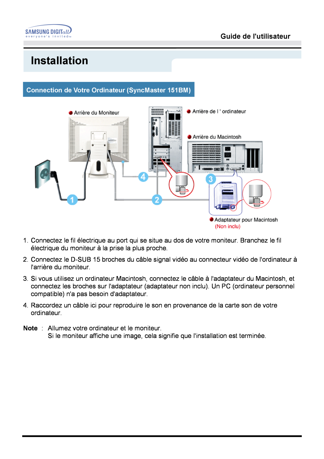 Samsung GH15MSAB/EDC, GH15MSSS/EDC Connection de Votre Ordinateur SyncMaster 151BM, Installation, Guide de lutilisateur 