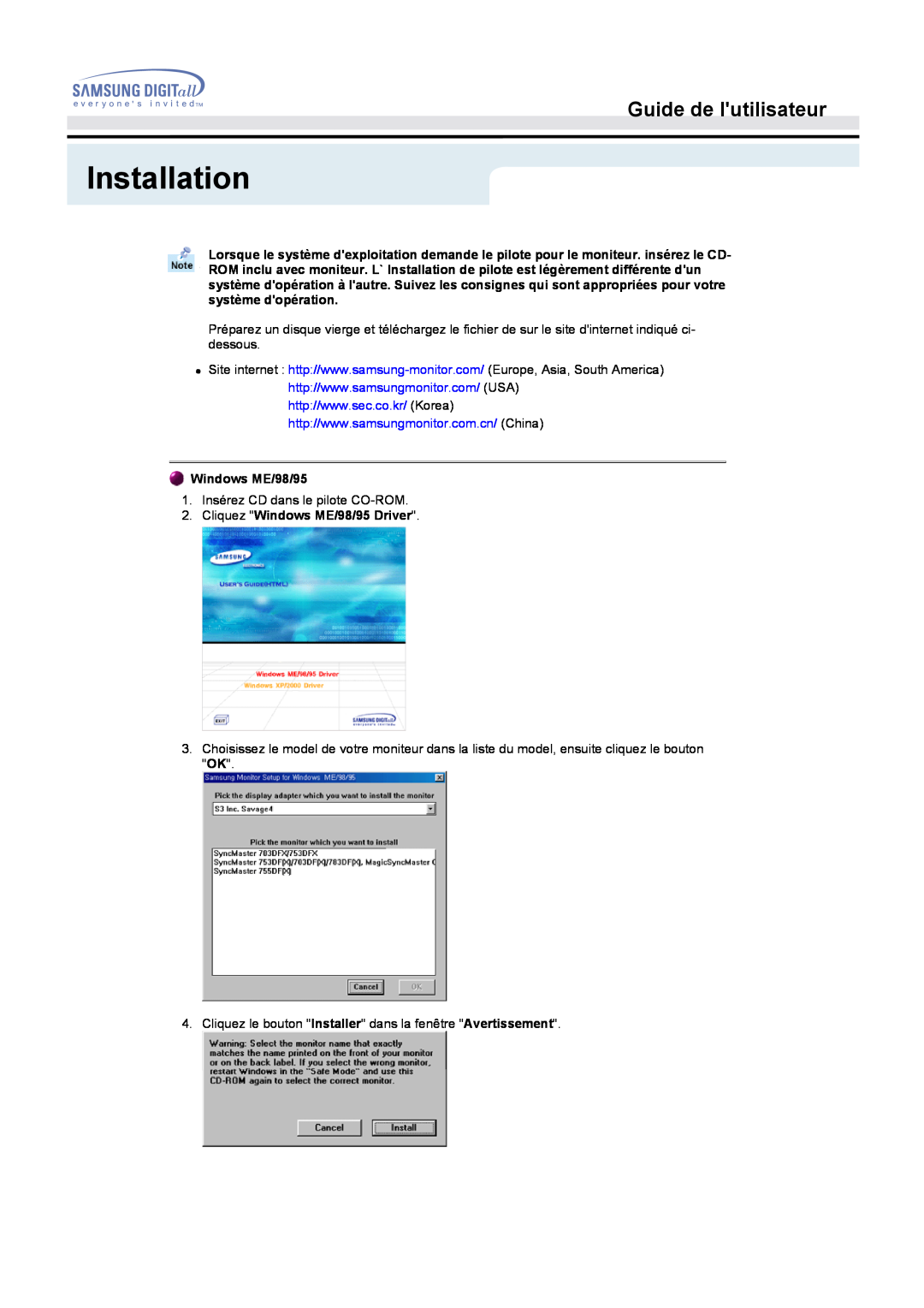 Samsung GH15MSAS/EDC, GH15MSSS/EDC, GH15MSSB/EDC Installation, Guide de lutilisateur, Cliquez Windows ME/98/95 Driver 