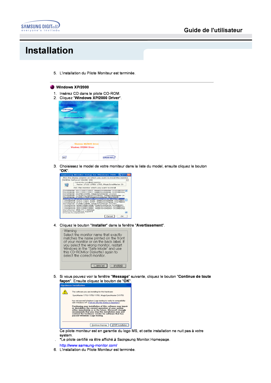 Samsung GG15MSSS/EDC, GH15MSSS/EDC, GH15MSSB/EDC Installation, Guide de lutilisateur, Cliquez Windows XP/2000 Driver 