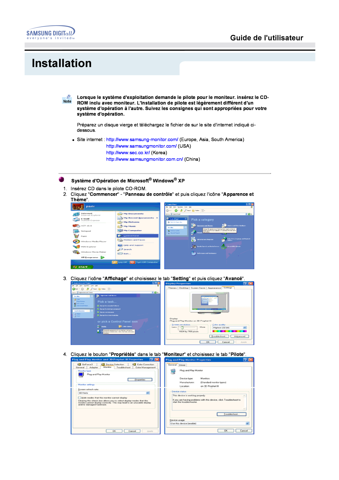 Samsung GG15MSAN/EDC, GH15MSSS/EDC manual Installation, Guide de lutilisateur, Système dOpération de Microsoft Windows XP 