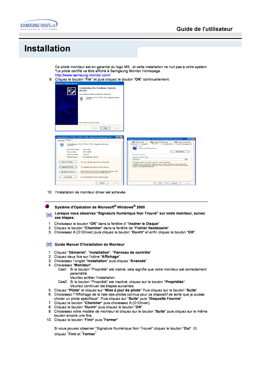 Samsung GH15MSAN/EDC, GH15MSSS/EDC manual Installation, Guide de lutilisateur, Système dOpération de Microsoft Windows 