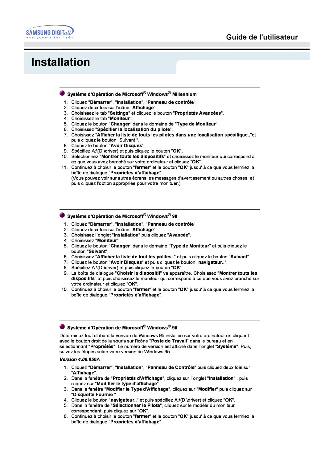Samsung GH15MSSN/EDC, GH15MSSS/EDC Installation, Guide de lutilisateur, Système dOpération de Microsoft Windows Millennium 