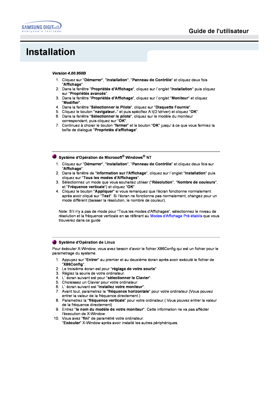Samsung GH15MSSS/EDC Installation, Guide de lutilisateur, Version 4.00.950B, Système dOpération de Microsoft Windows NT 
