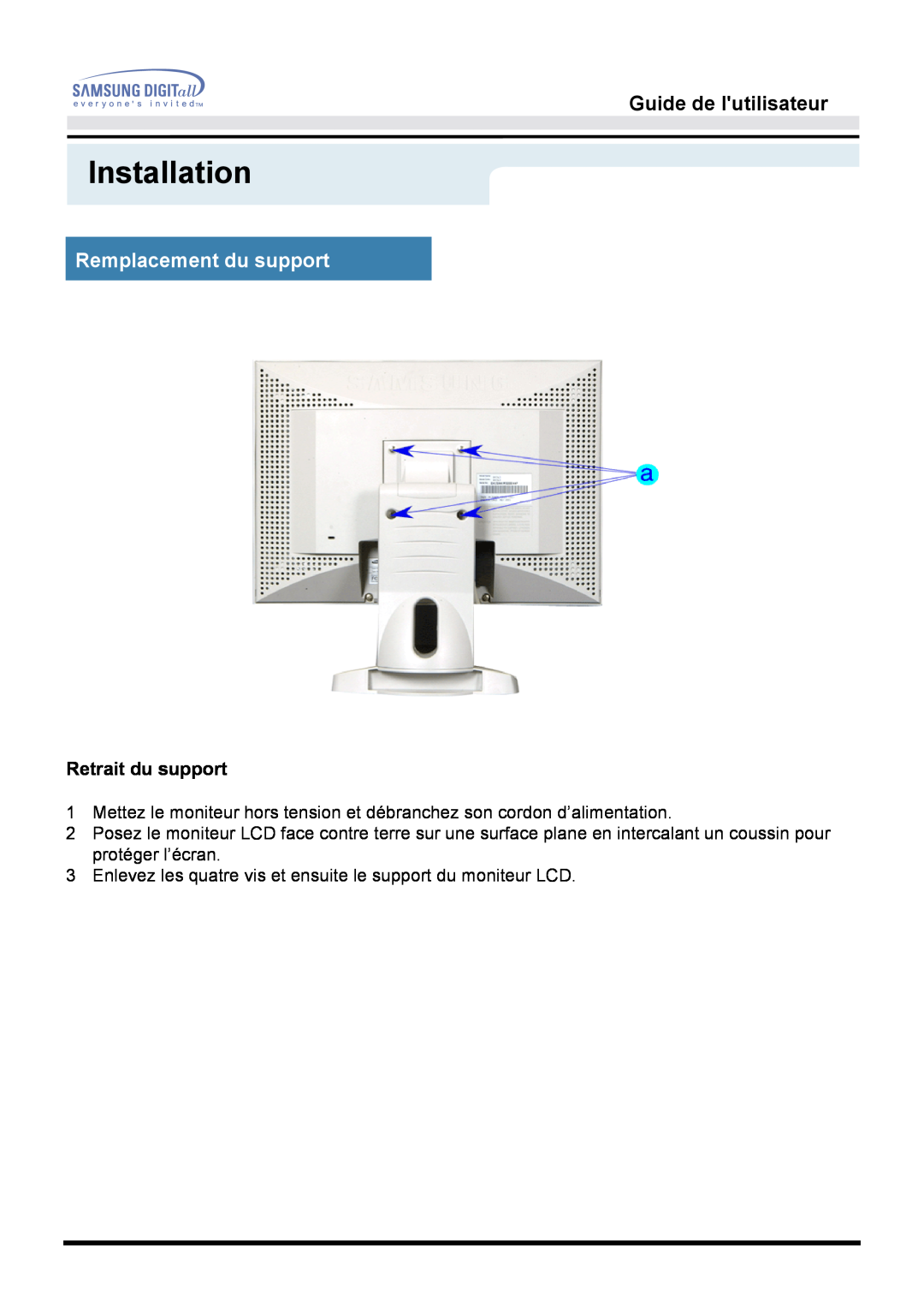 Samsung GH15MSSB/EDC, GH15MSSS/EDC manual Remplacement du support, Installation, Guide de lutilisateur, Retrait du support 