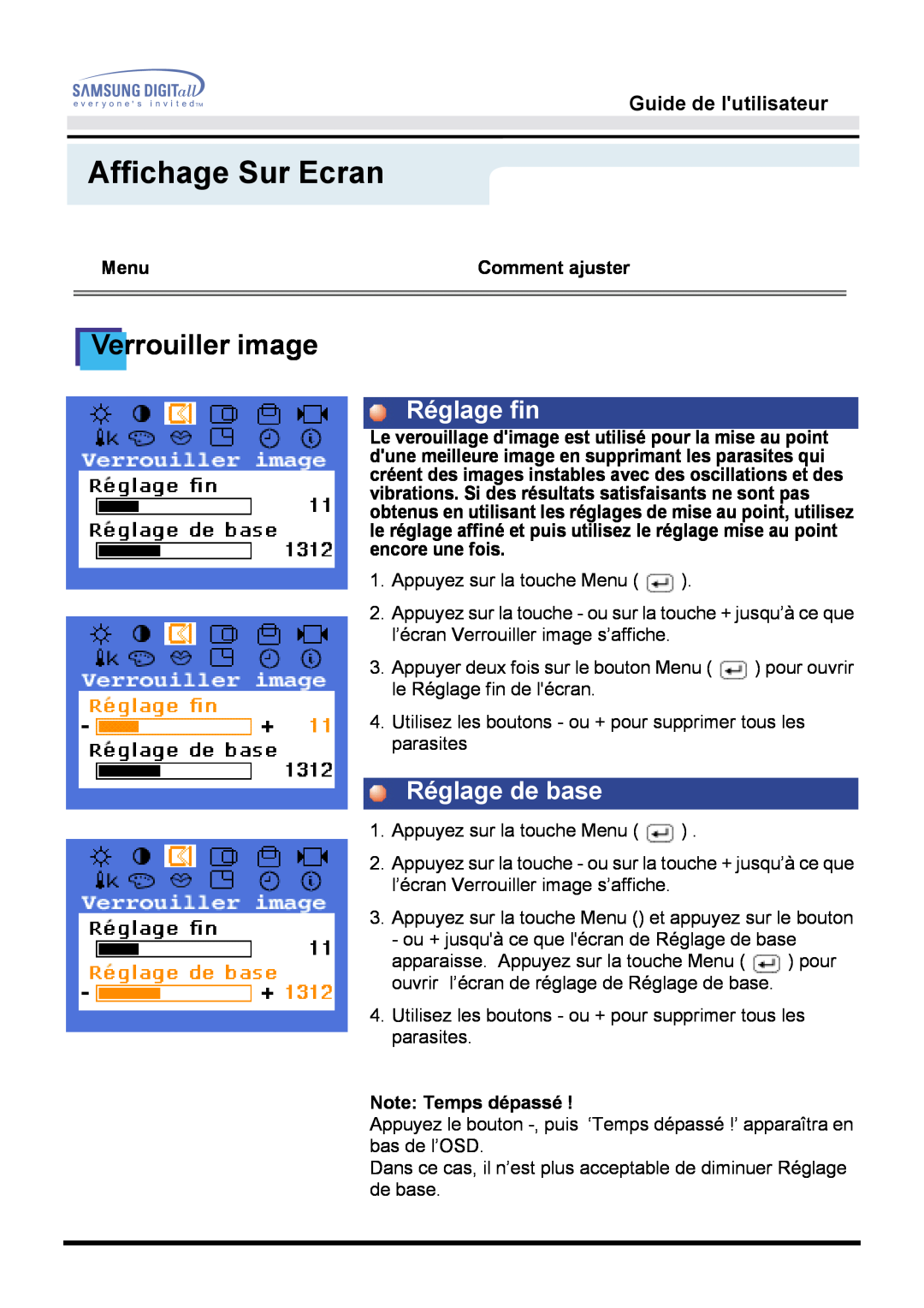 Samsung GH15MSAS/EDC manual Verrouiller image, Réglage fin, Réglage de base, Affichage Sur Ecran, Guide de lutilisateur 