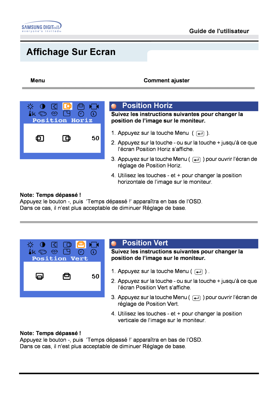 Samsung GG15MSSS/EDC, GH15MSSS/EDC, GH15MSSB/EDC Position Horiz, Position Vert, Affichage Sur Ecran, Guide de lutilisateur 