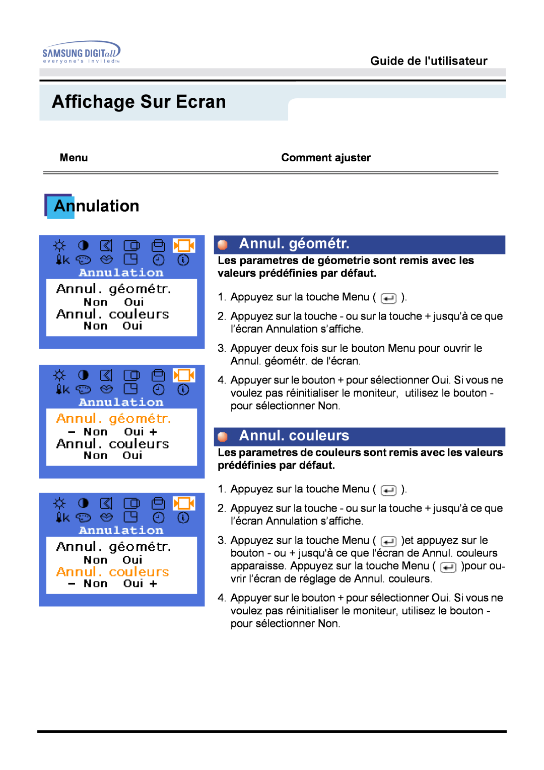 Samsung GG15MSAN/EDC, GH15MSSS/EDC Annulation, Annul. géométr, Annul. couleurs, Affichage Sur Ecran, Guide de lutilisateur 