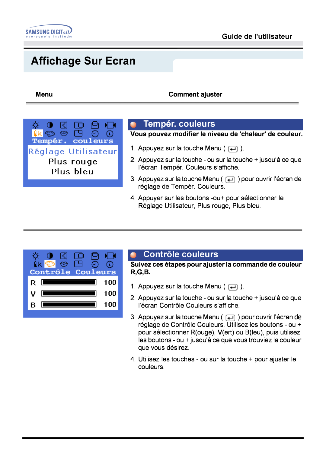 Samsung GG15MSAS/EDC, GH15MSSS/EDC manual Tempér. couleurs, Contrôle couleurs, Affichage Sur Ecran, Guide de lutilisateur 