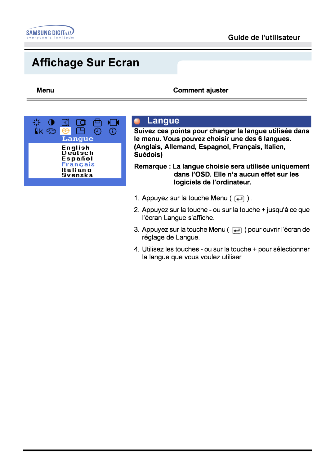 Samsung GH15MSAN/EDC, GH15MSSS/EDC, GH15MSSB/EDC, GG15MSSB/EDC manual Langue, Affichage Sur Ecran, Guide de lutilisateur 