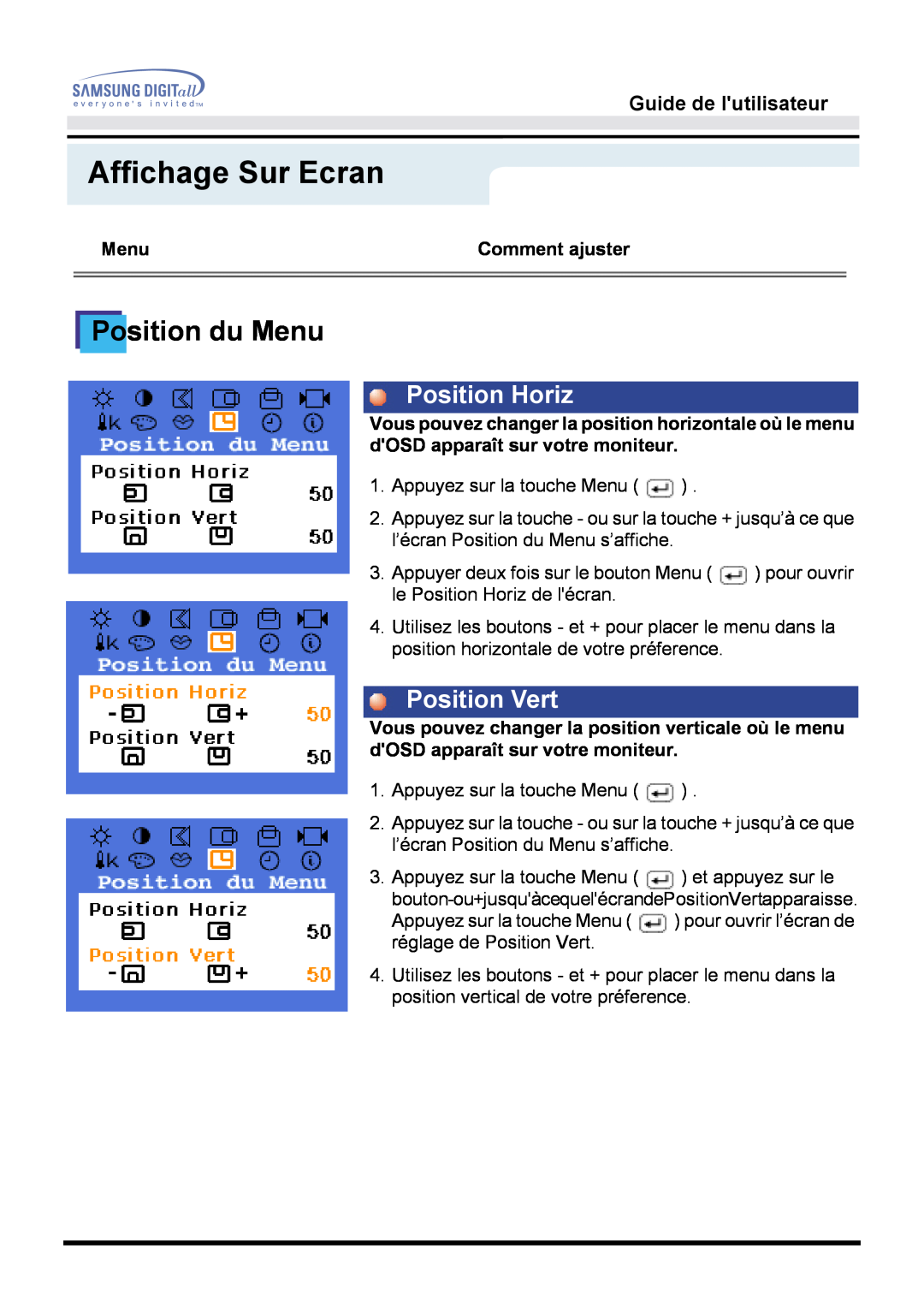 Samsung GH15MSSN/EDC manual Position du Menu, Affichage Sur Ecran, Position Horiz, Position Vert, Guide de lutilisateur 