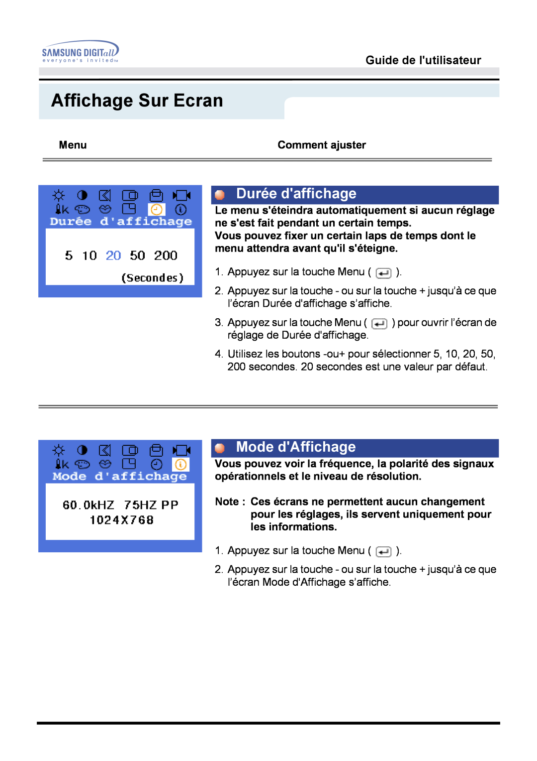 Samsung GH15MSSS/EDC, GH15MSSB/EDC manual Durée daffichage, Mode dAffichage, Affichage Sur Ecran, Guide de lutilisateur 