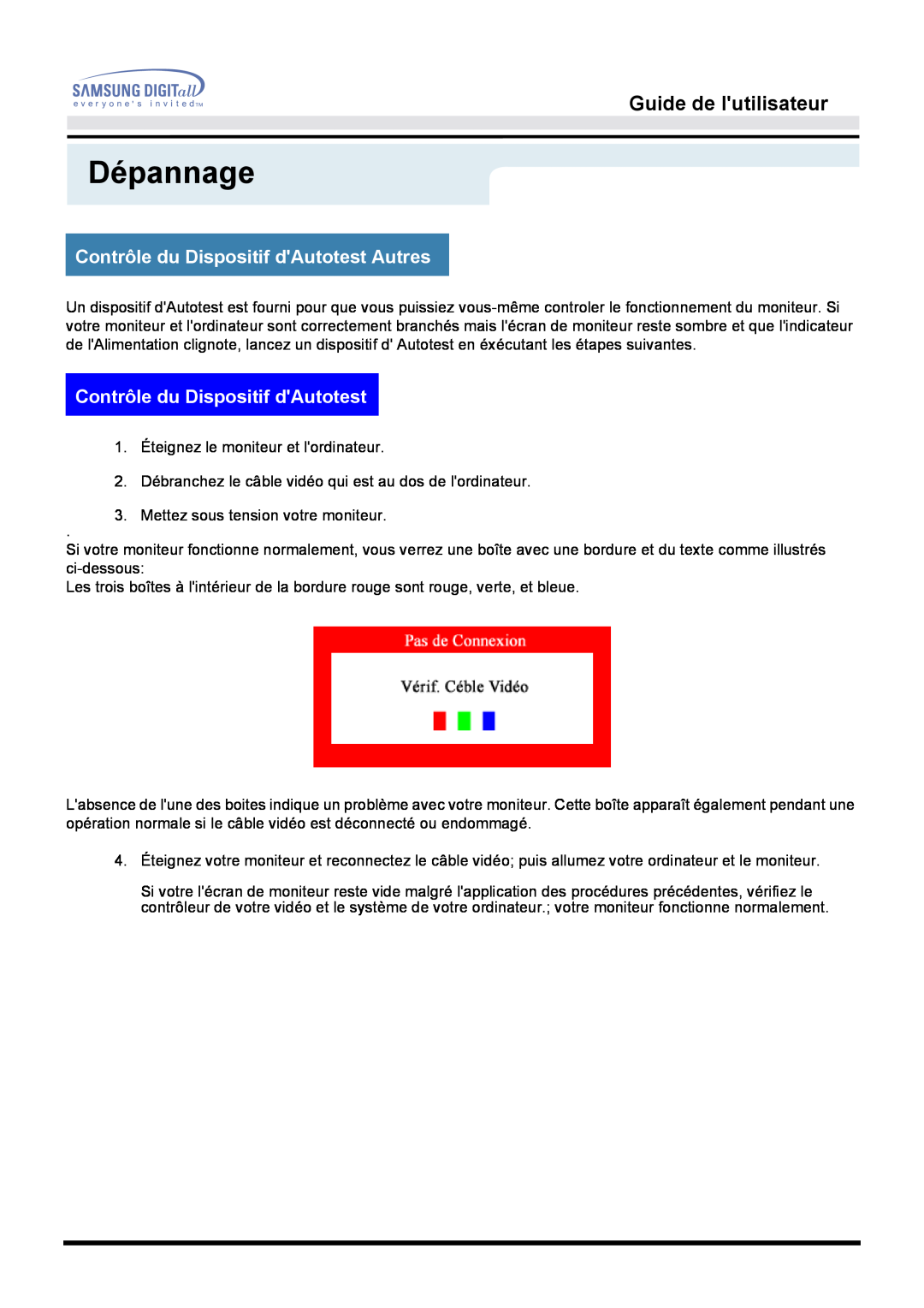 Samsung GG15MSAN/EDC, GH15MSSS/EDC, GH15MSSB/EDC Contrôle du Dispositif dAutotest Autres, Dépannage, Guide de lutilisateur 