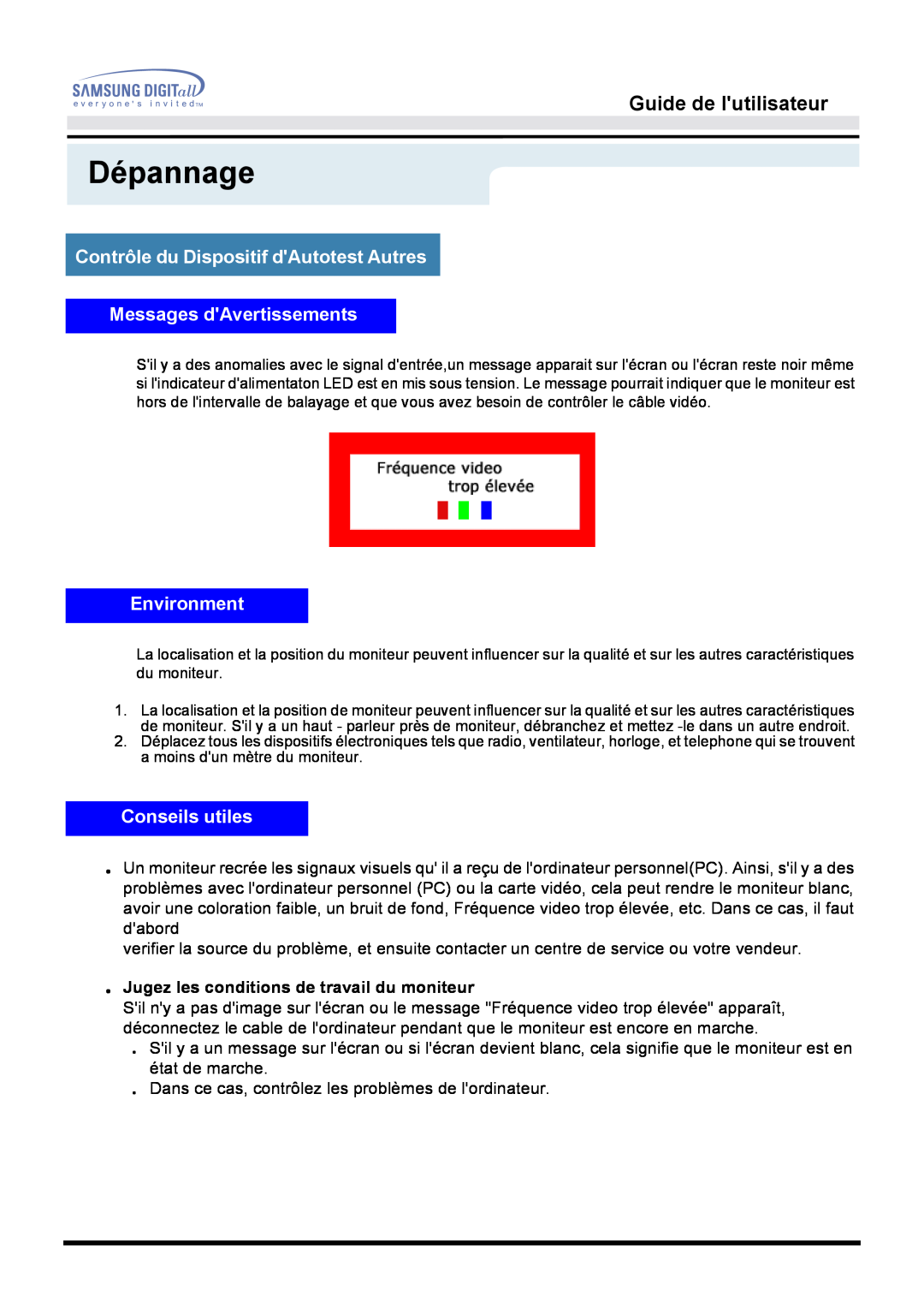 Samsung GG15MSAS/EDC manual Contrôle du Dispositif dAutotest Autres Messages dAvertissements, Environment, Conseils utiles 