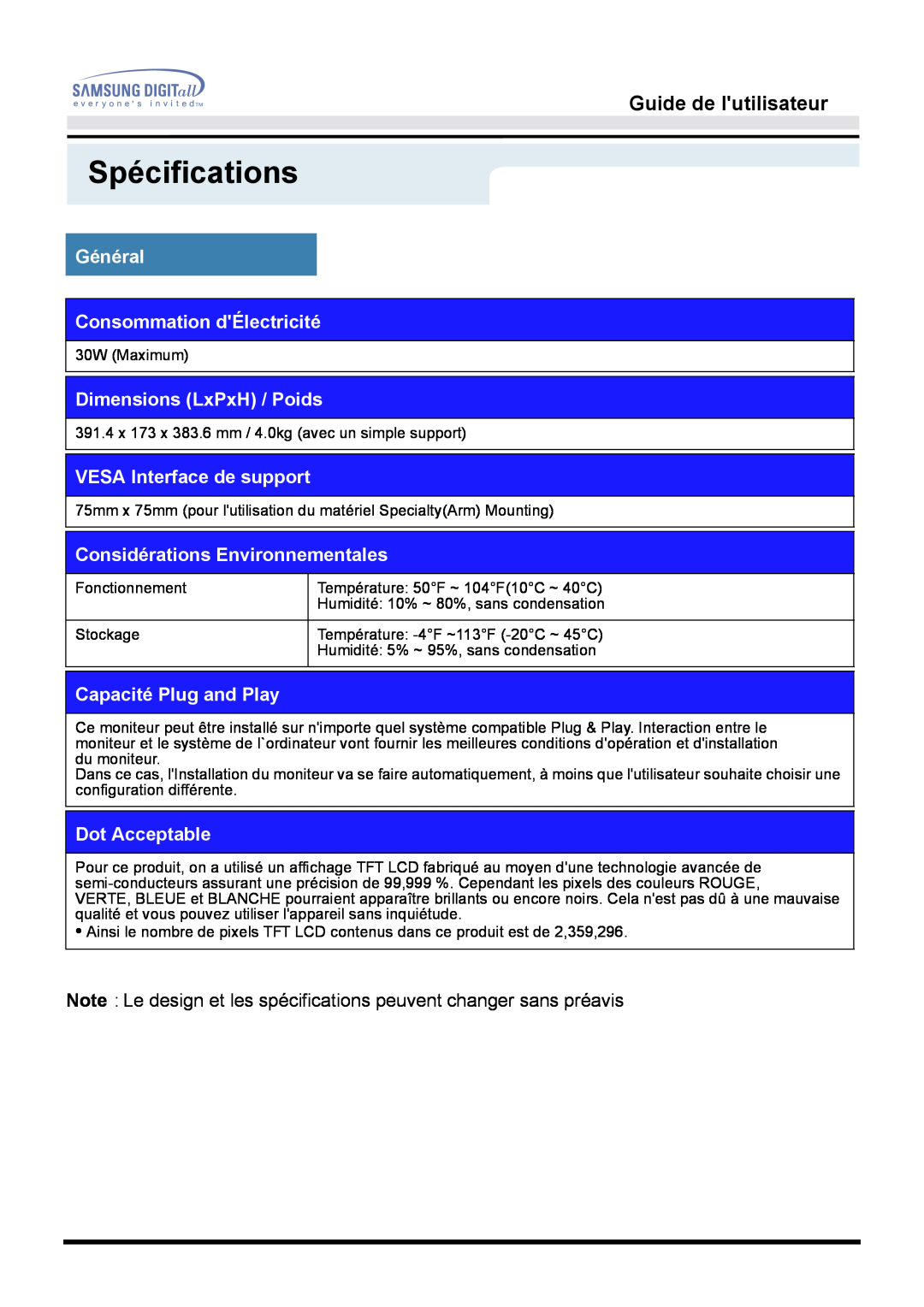 Samsung GH15MSSN/EDC, GH15MSSS/EDC Général Consommation dÉlectricité, Dimensions LxPxH / Poids, VESA Interface de support 