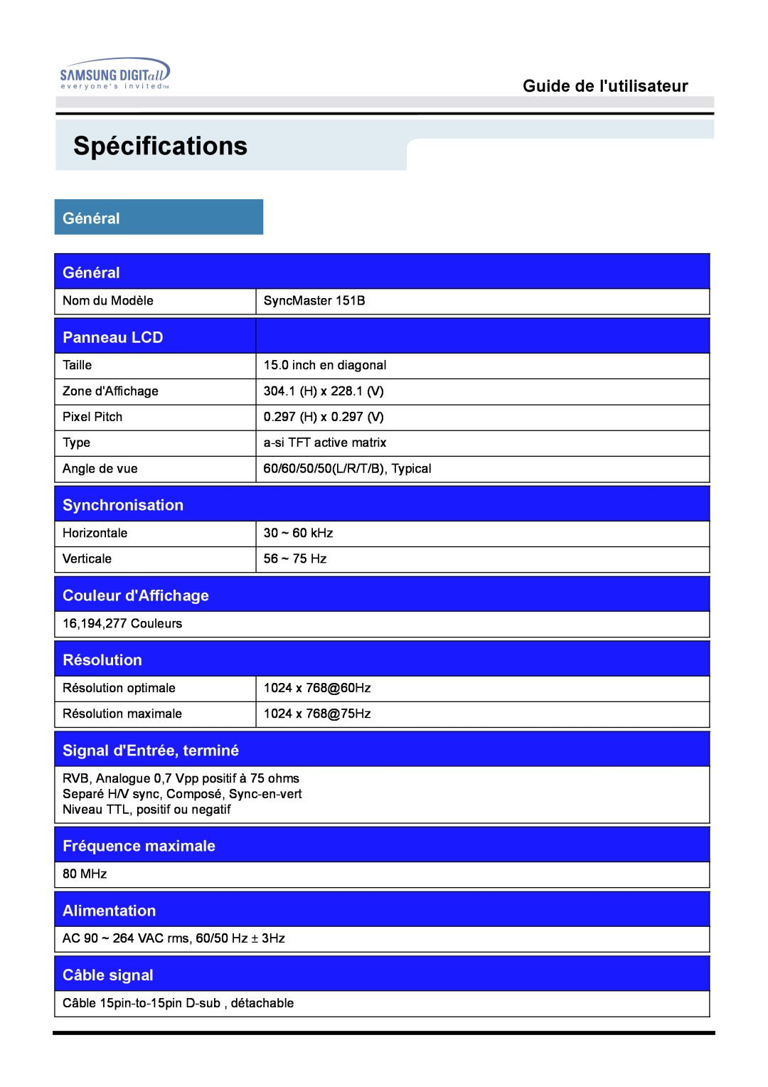 Samsung GH15MSSS/EDC Spécifications, Guide de lutilisateur, Général Général, Panneau LCD, Synchronisation, Résolution 