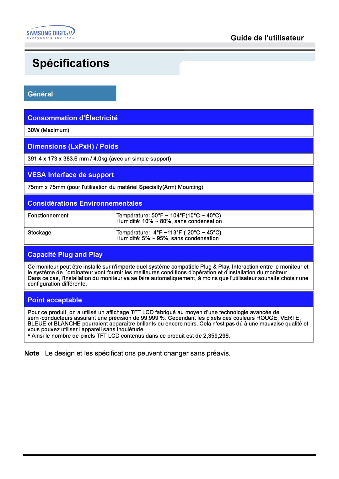 Samsung GH15MSSB/EDC manual Point acceptable, Spécifications, Guide de lutilisateur, Général Consommation dÉlectricité 