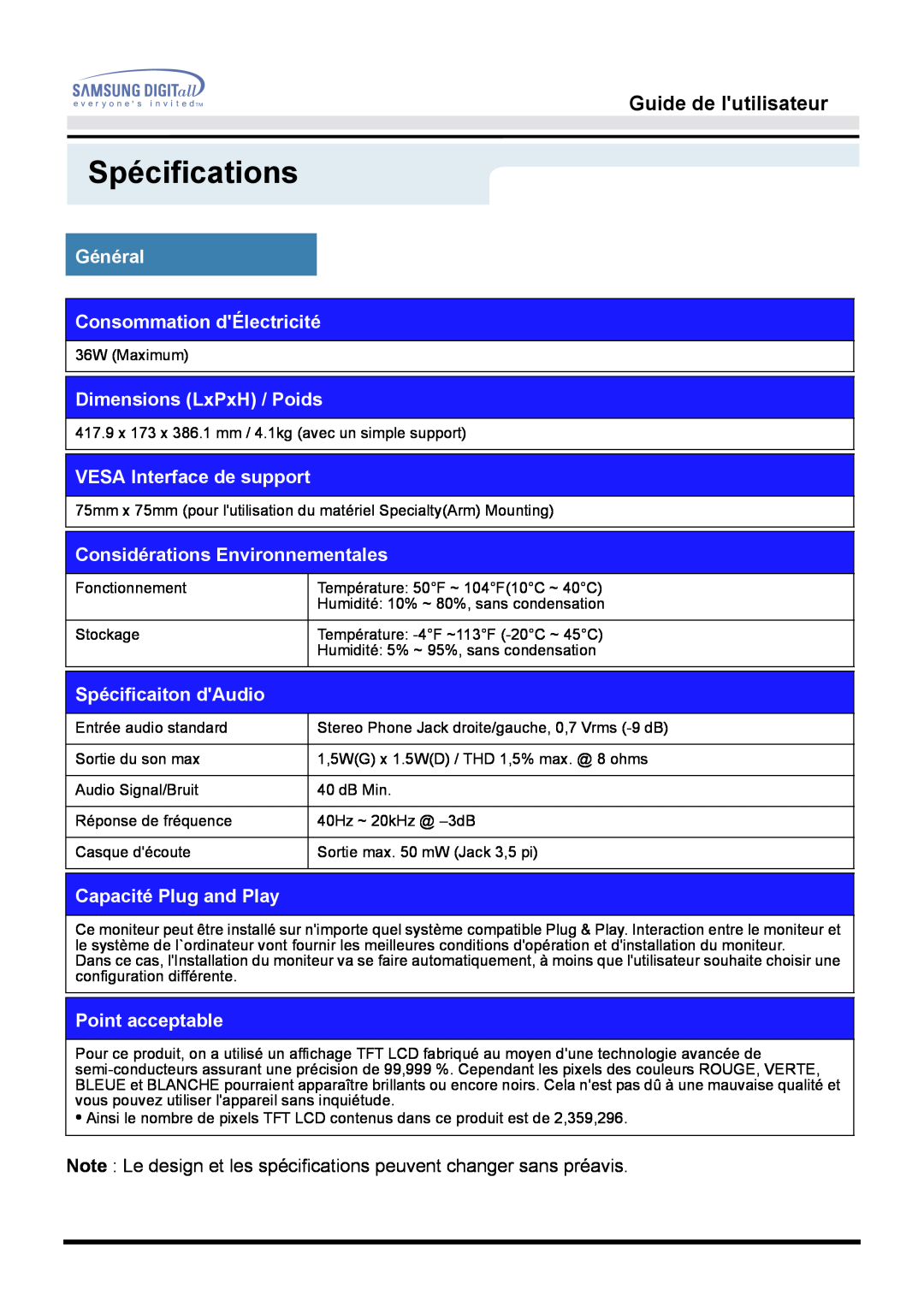 Samsung GG15MSAB/EDC manual Spécificaiton dAudio, Spécifications, Guide de lutilisateur, Général Consommation dÉlectricité 