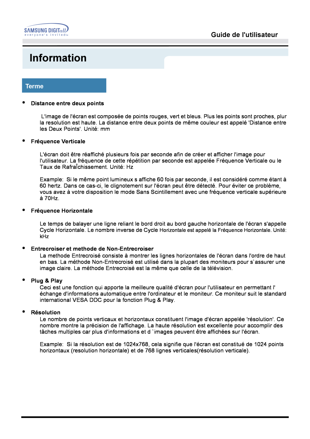 Samsung GG15MSAS/EDC manual Terme, Information, Guide de lutilisateur, Distance entre deux points, Fréquence Verticale 