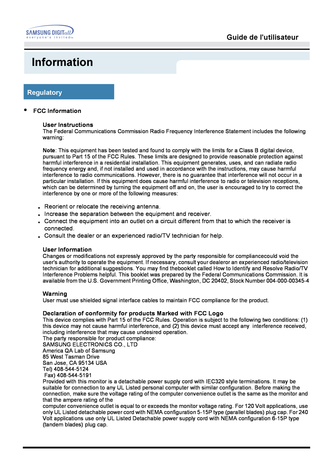 Samsung GH15MSAN/EDC manual Regulatory, Guide de lutilisateur, FCC Information User Instructions, User Information 