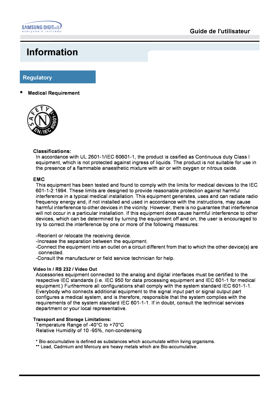 Samsung GH15MSAB/EDC, GH15MSSS/EDC Information, Guide de lutilisateur, Regulatory, Medical Requirement Classifications 