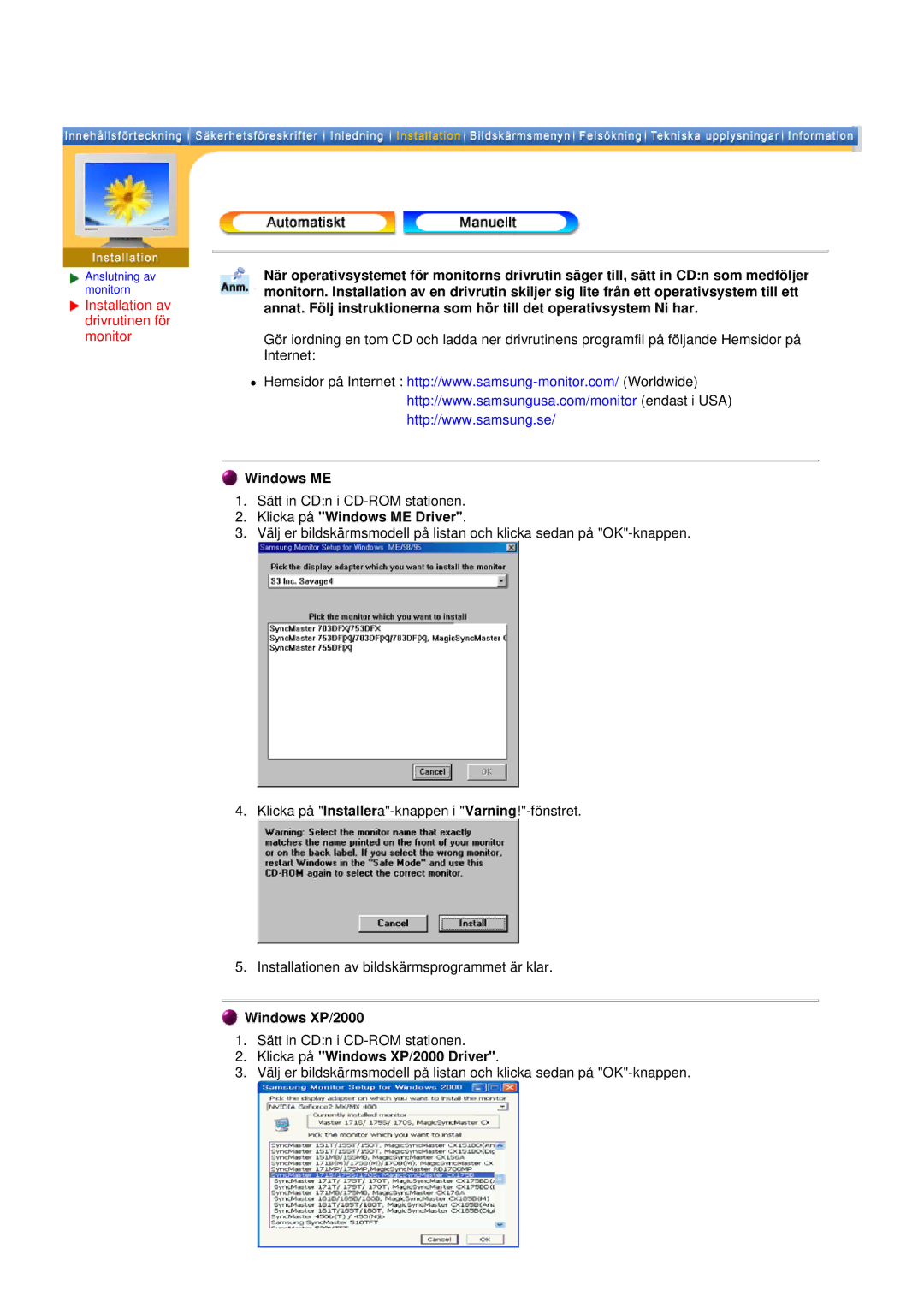 Samsung GH15PSAS/EDC manual Installation av drivrutinen för monitor, Klicka på Windows ME Driver, Windows XP/2000 