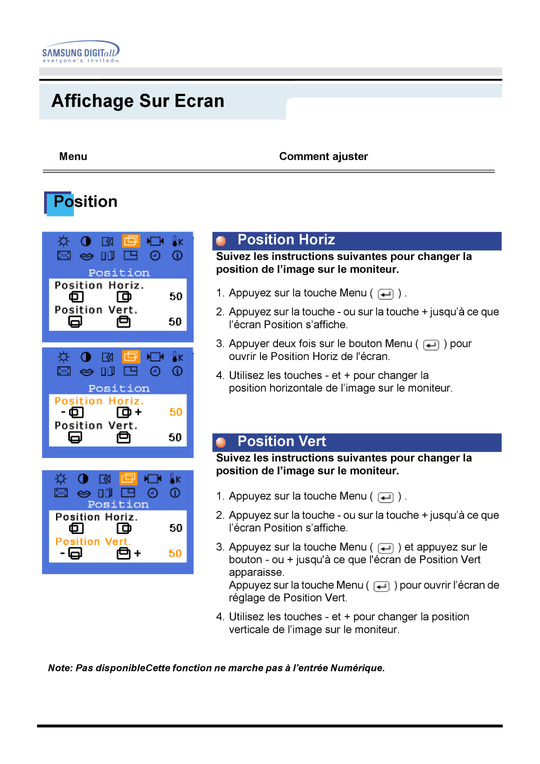 Samsung GH15PSAS/EDC manual Position Horiz, Position Vert 