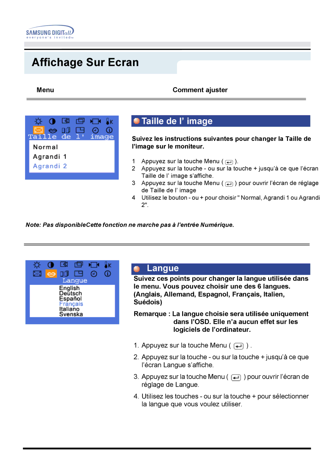 Samsung GH15PSAS/EDC manual Taille de l’ image, Langue 