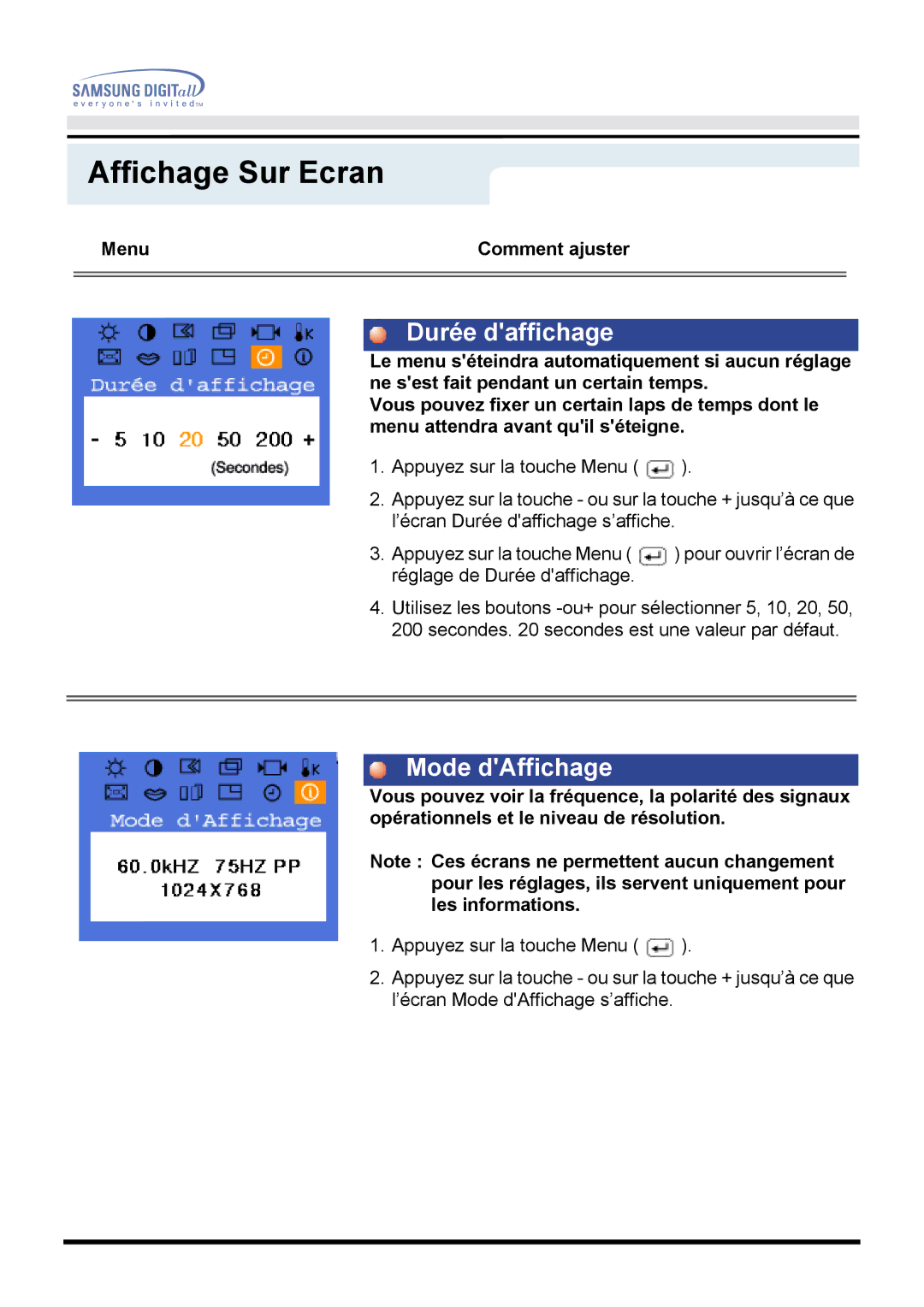 Samsung GH15PSAS/EDC manual Durée daffichage, Mode dAffichage 