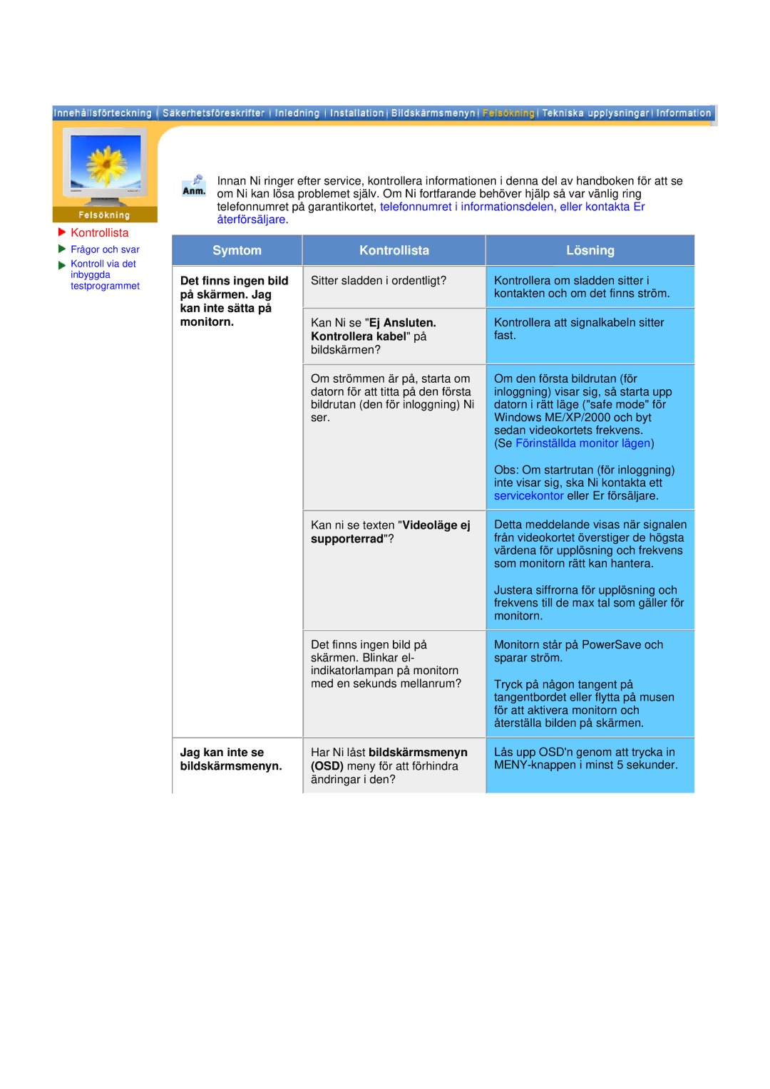 Samsung GH15PSAS/EDC manual Kontrollista, Kan Ni se Ej Ansluten. Kontrollera kabel på, Supporterrad? 