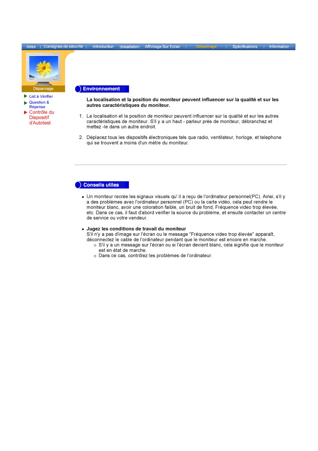 Samsung GH15PSAS/EDC manual Jugez les conditions de travail du moniteur 