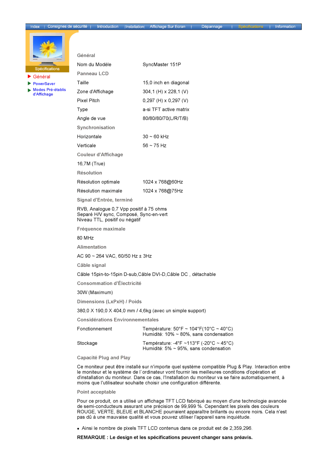 Samsung GH15PSAS/EDC manual Général, Panneau LCD 