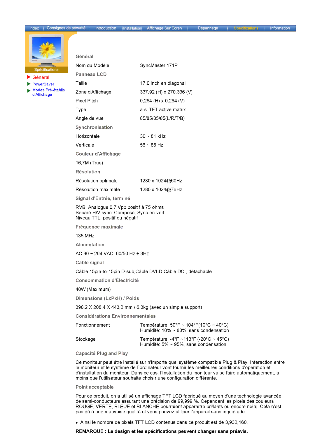 Samsung GH15PSAS/EDC manual Nom du Modèle SyncMaster 171P 