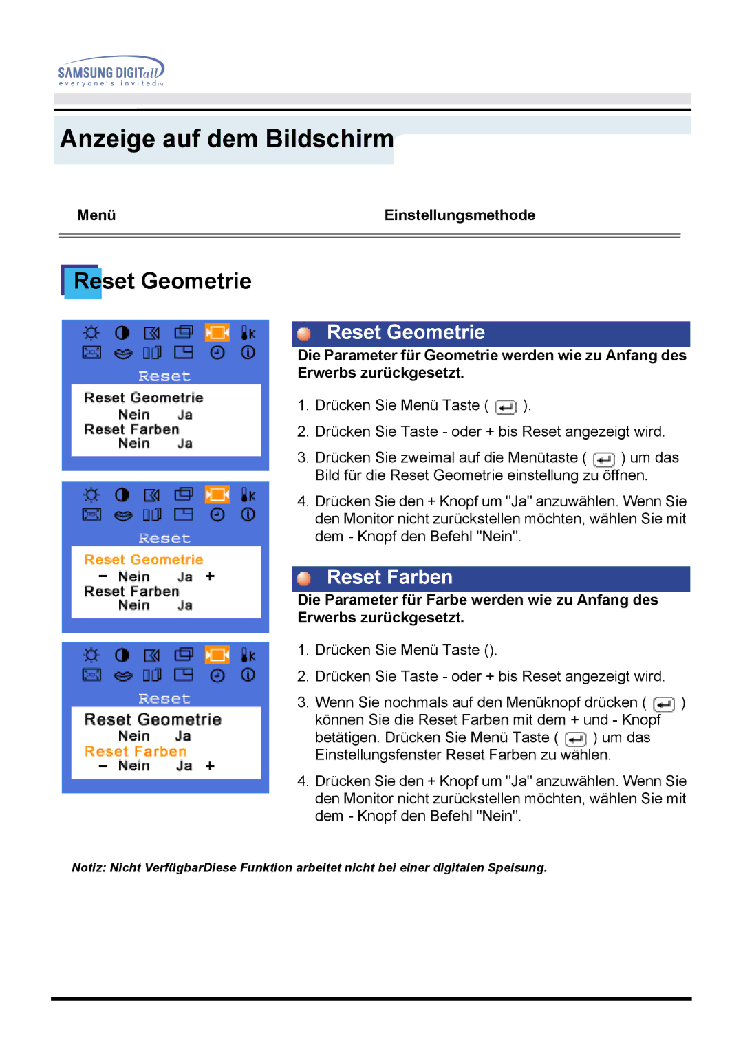 Samsung GH15PSAS/EDC manual Reset Geometrie, Reset Farben 