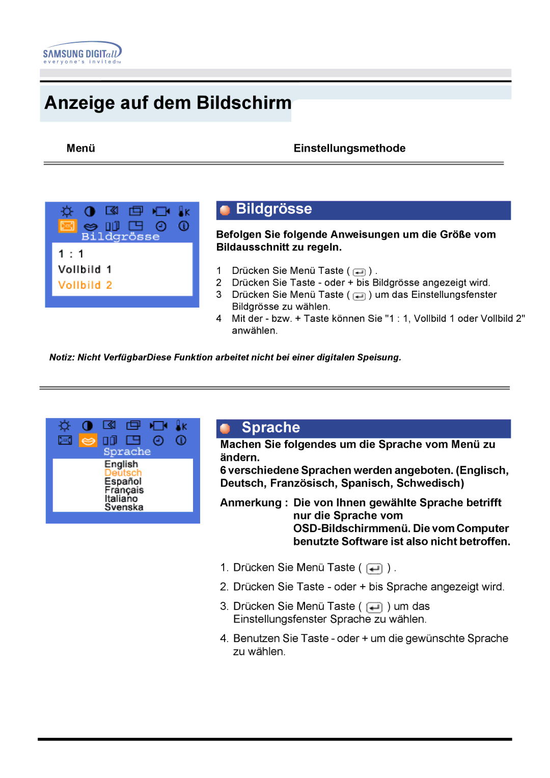 Samsung GH15PSAS/EDC manual Bildgrösse, Sprache 