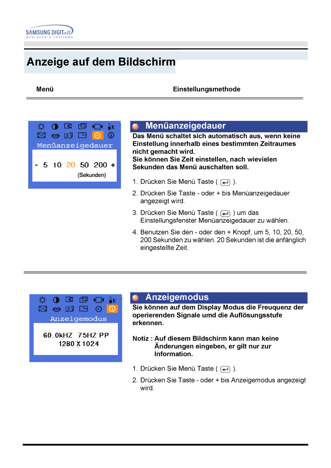 Samsung GH15PSAS/EDC manual Menüanzeigedauer, Anzeigemodus 