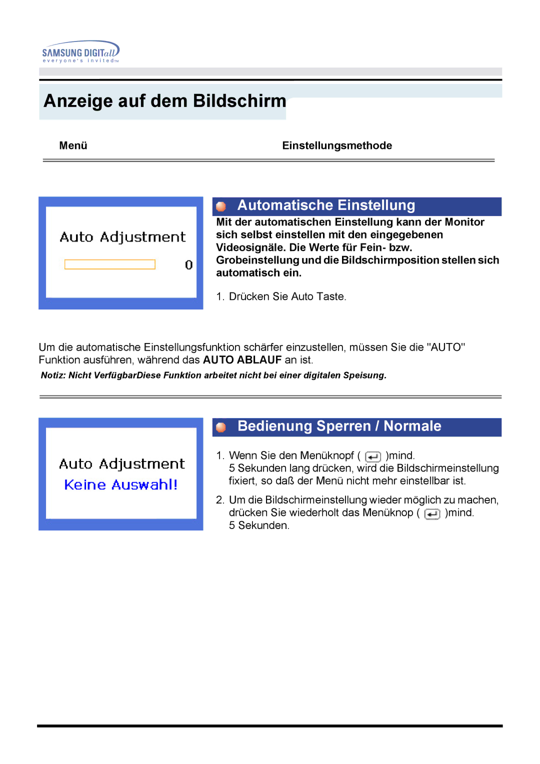 Samsung GH15PSAS/EDC manual Automatische Einstellung, Bedienung Sperren / Normale 