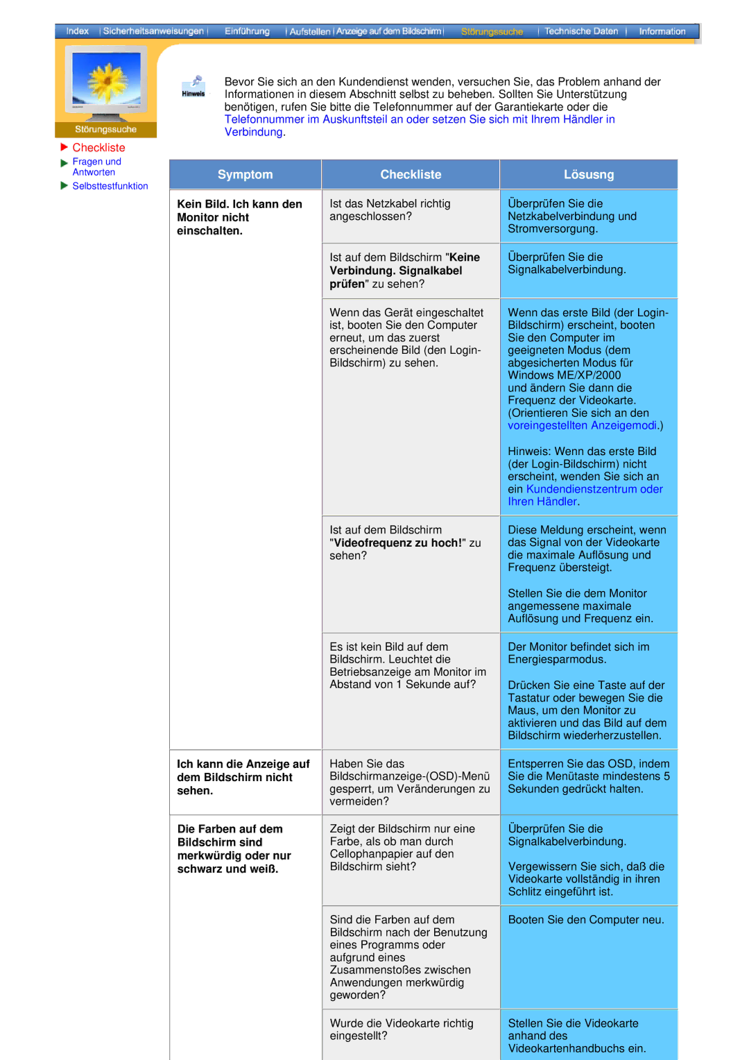 Samsung GH15PSAS/EDC manual Kein Bild. Ich kann den Monitor nicht einschalten, Verbindung. Signalkabel prüfen zu sehen? 