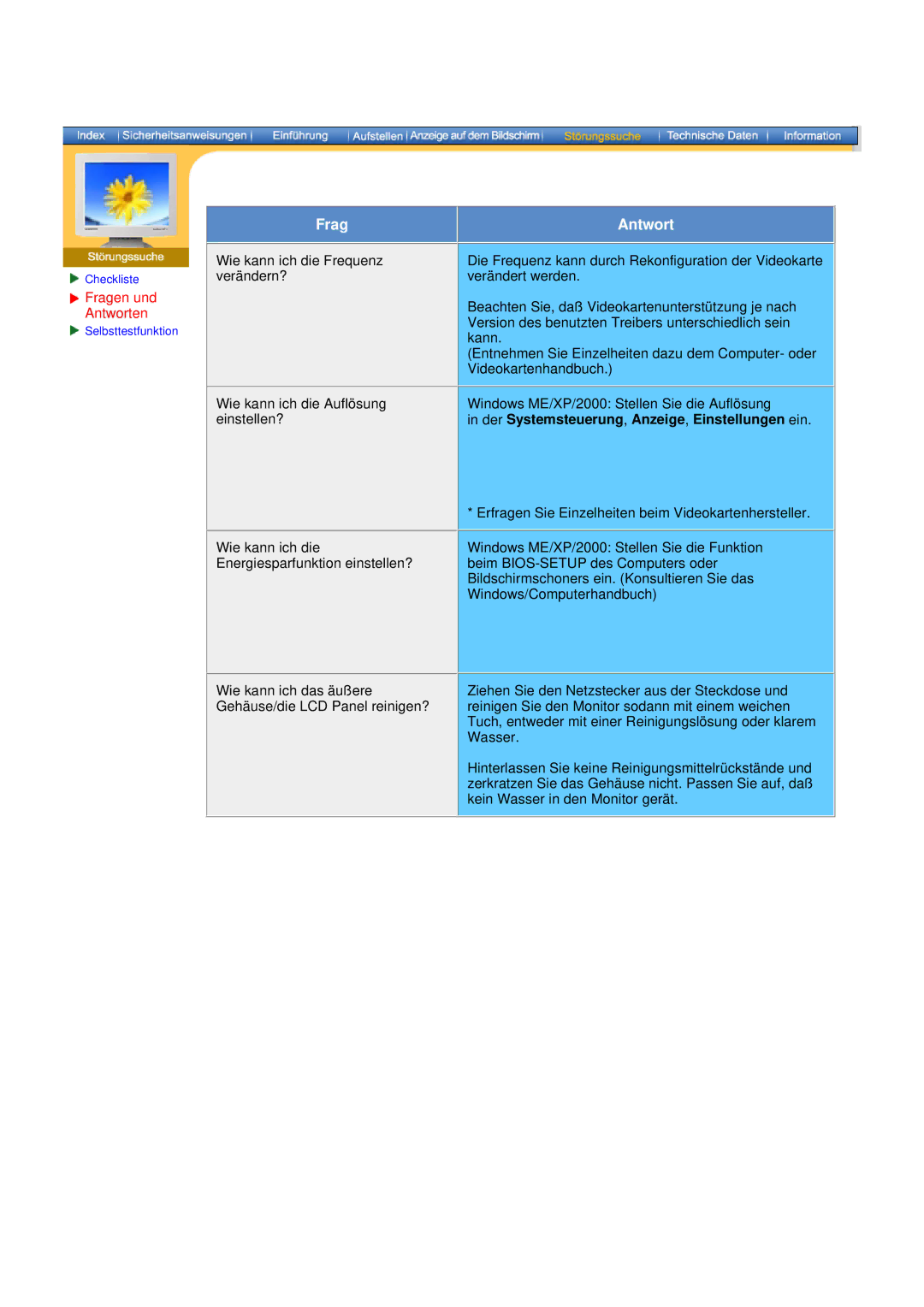 Samsung GH15PSAS/EDC manual Frag, Der Systemsteuerung, Anzeige, Einstellungen ein 