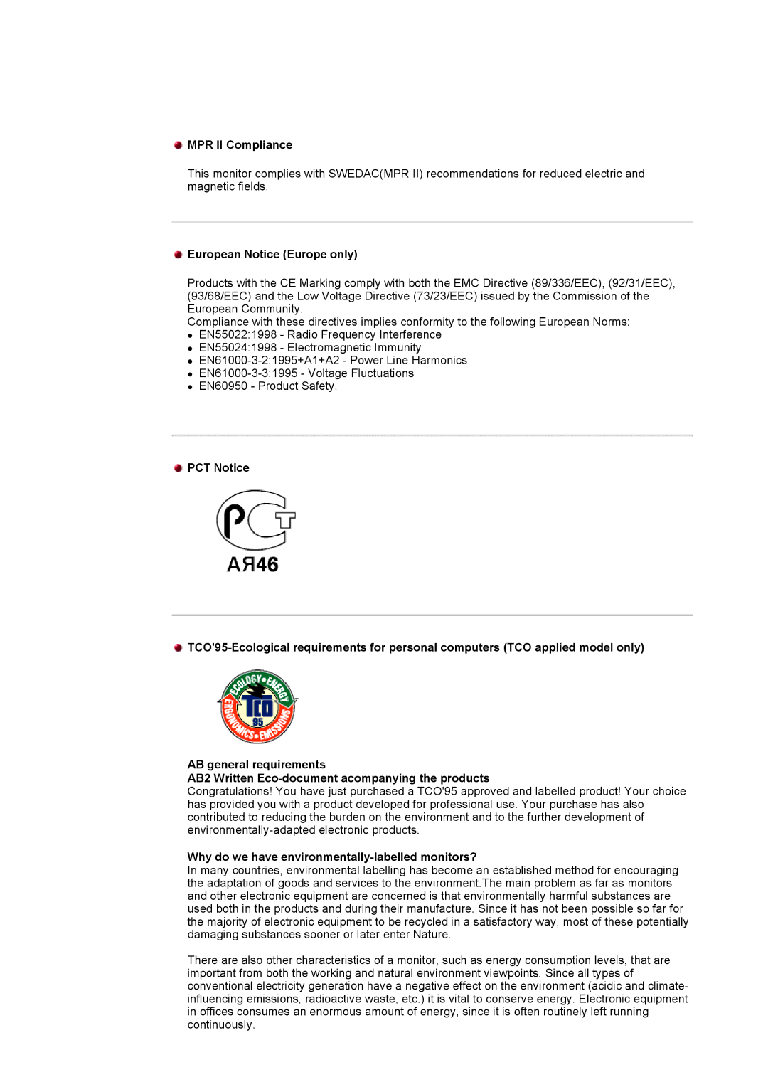 Samsung GH15PSAS/EDC MPR II Compliance, European Notice Europe only, Why do we have environmentally-labelled monitors? 