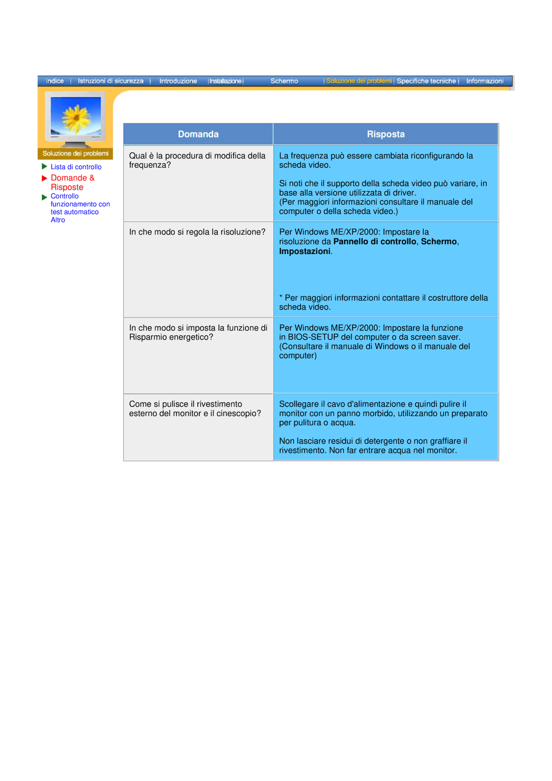 Samsung GH17ASAS/EDC manual Domande Risposte, Risoluzione da Pannello di controllo, Schermo 