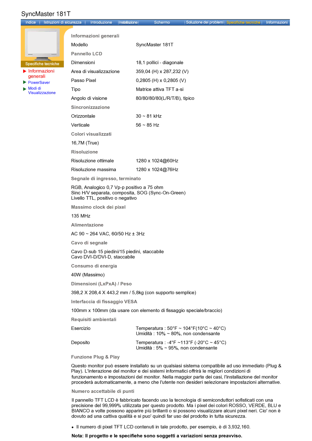 Samsung GH17ASAS/EDC manual Informazioni generali, Pannello LCD 