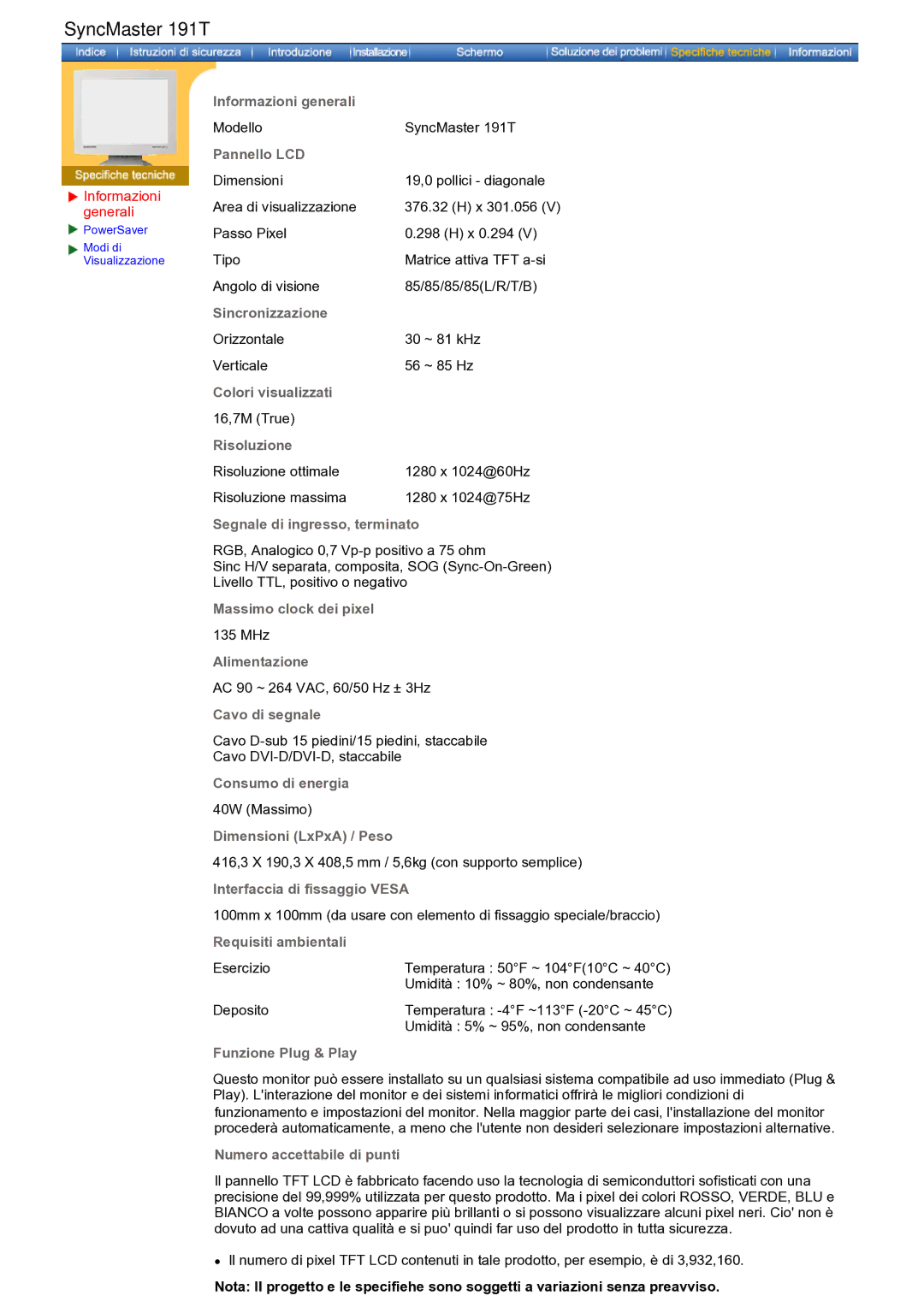 Samsung GH17ASAS/EDC manual Modello SyncMaster 191T 